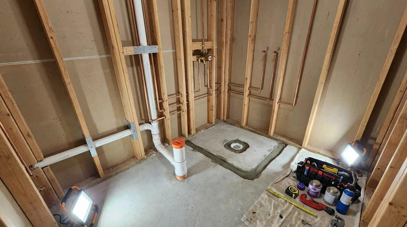 Bathroom rough-in plumbing during remodel by Johns Plumbing LLC in Livingston