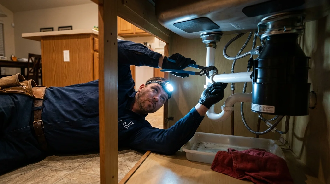 P-trap and supply line connections under a kitchen sink showing a common leak point in Livingston, AL